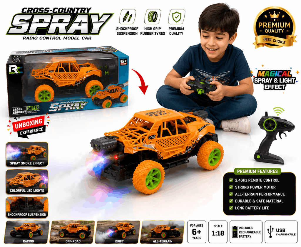 Cross-Country Spray RC Monster Truck – 6+ Radio Control Off-Road Racing Car with Exhaust Smoke Simulation Effect