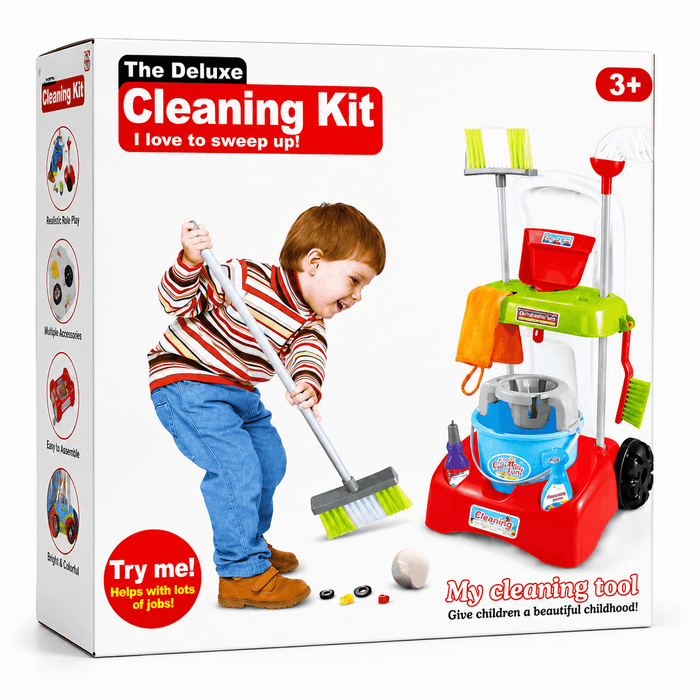 The Deluxe Cleaning Kit – Kids Pretend Play Housekeeping Toy Cart with Broom, Mop, Bucket, and Cleaning Accessories (3+ Years)