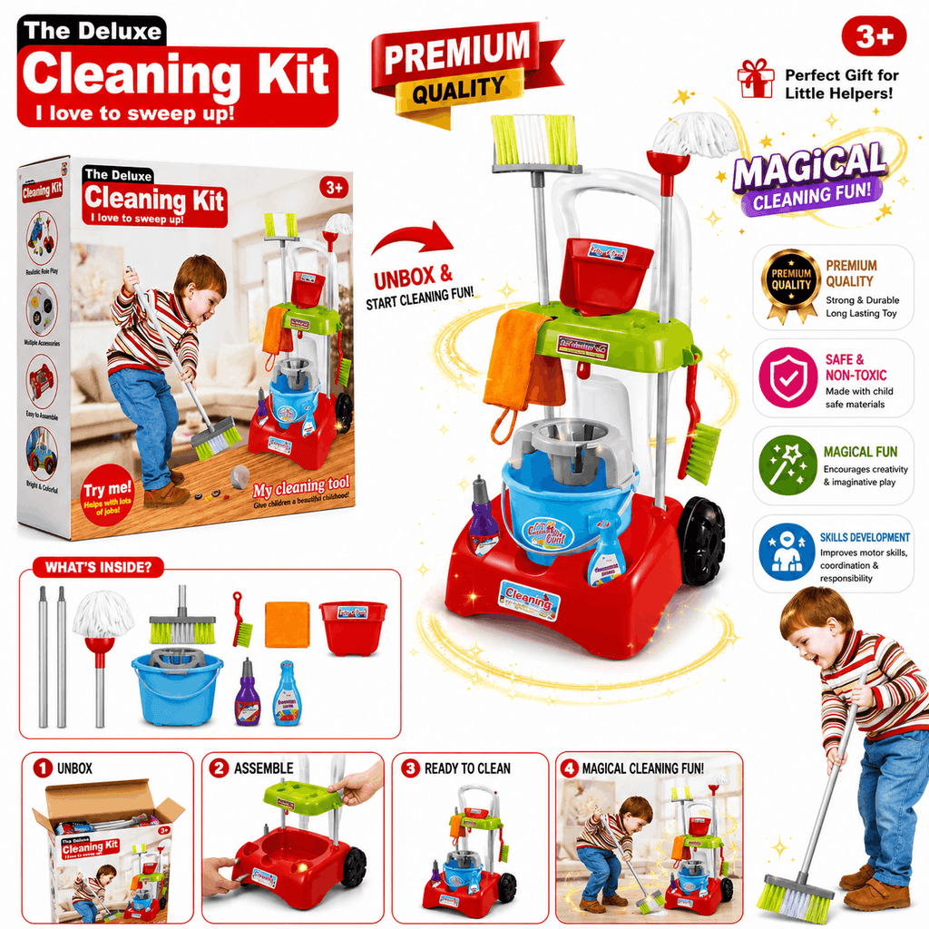 The Deluxe Cleaning Kit – Kids Pretend Play Housekeeping Toy Cart with Broom, Mop, Bucket, and Cleaning Accessories (3+ Years)