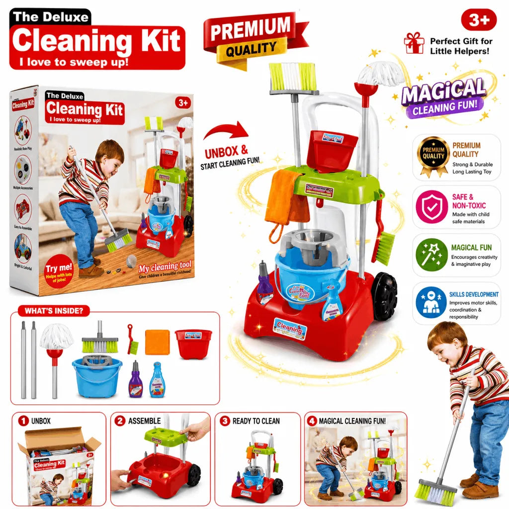 The Deluxe Cleaning Kit – Kids Pretend Play Housekeeping Toy Cart with Broom, Mop, Bucket, and Cleaning Accessories (3+ Years)