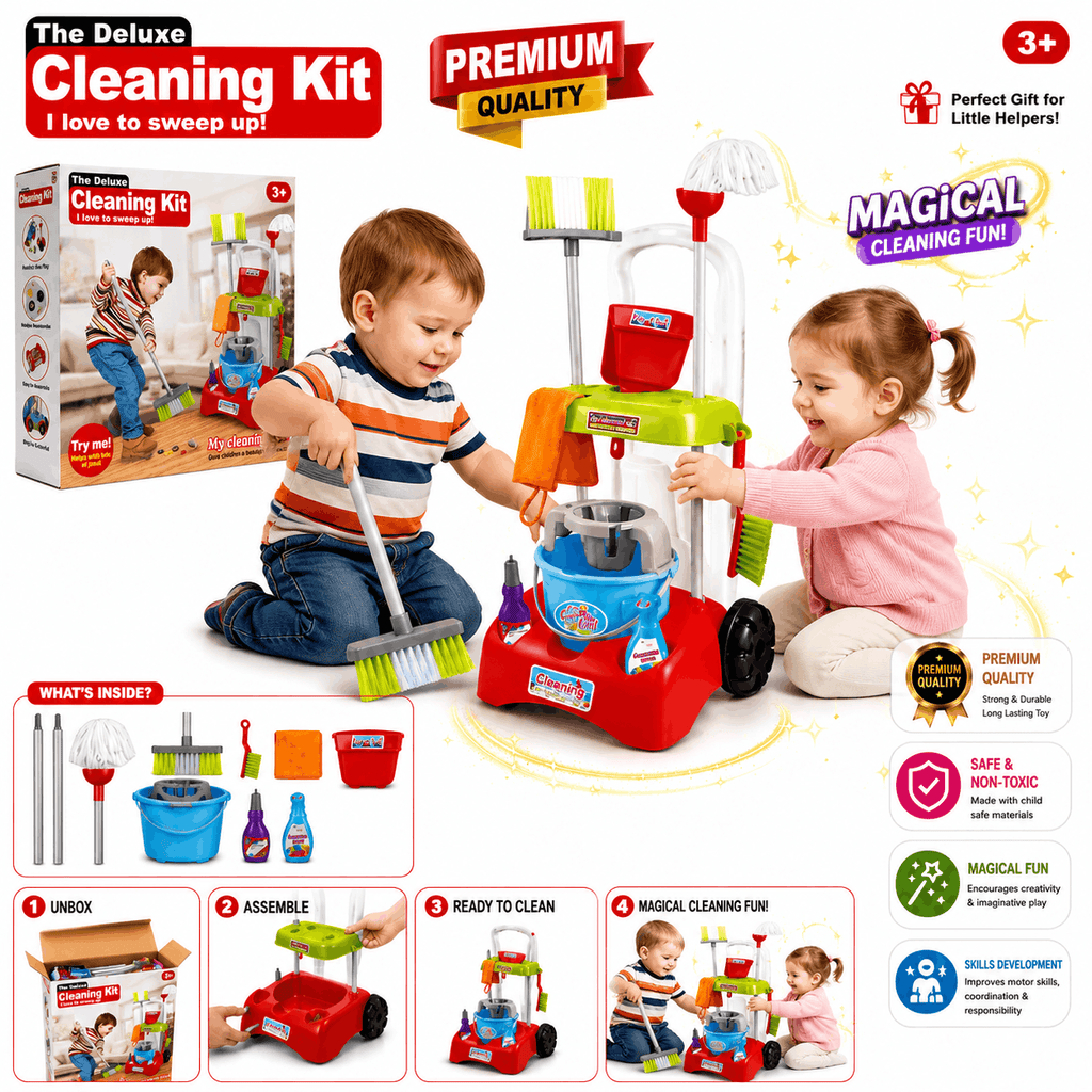 The Deluxe Cleaning Kit – Kids Pretend Play Housekeeping Toy Cart with Broom, Mop, Bucket, and Cleaning Accessories (3+ Years)