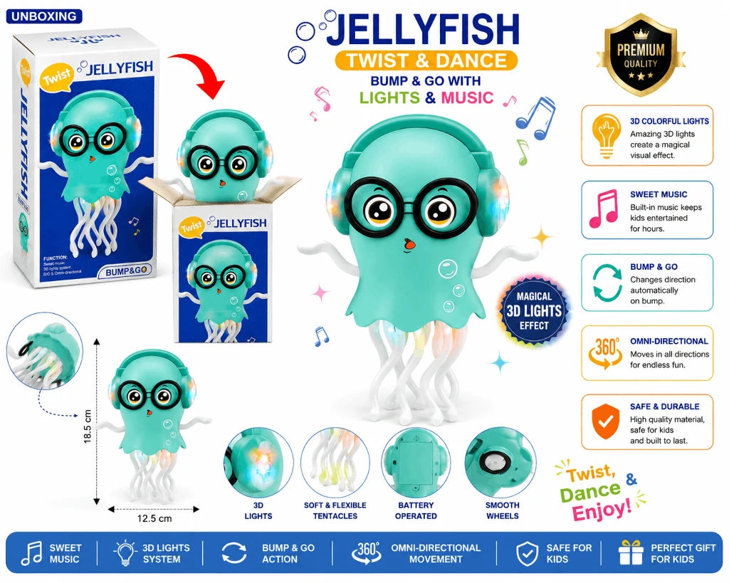 Twist Jellyfish Bump & Go Musical Toy – Interactive Walking Jellyfish with 3D Lights and Sound Effects for Kids