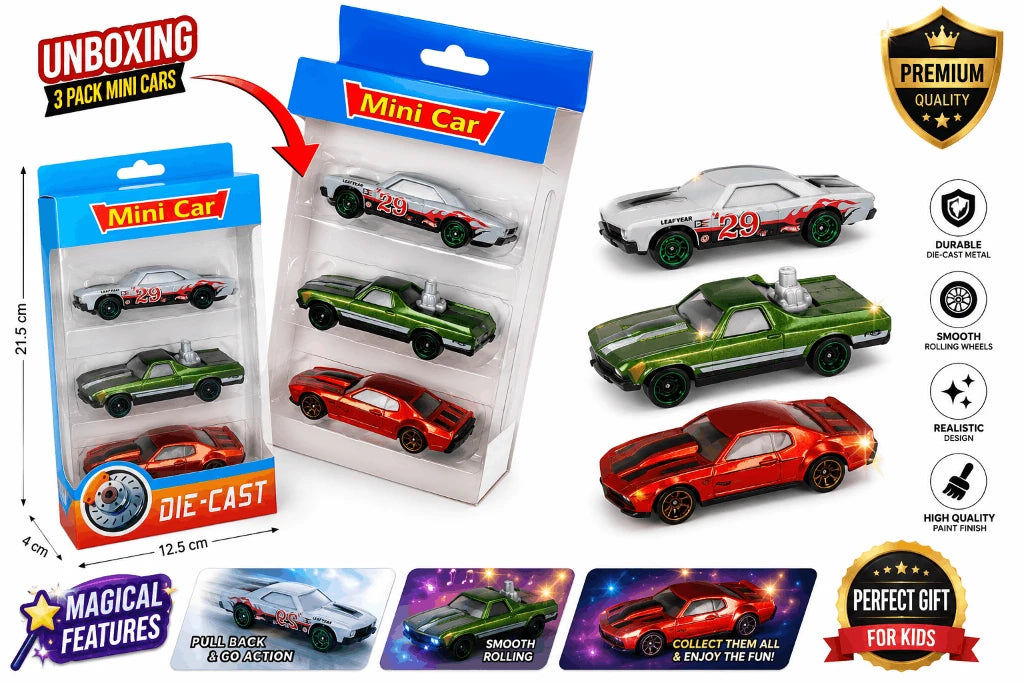Mini Car Die-Cast 3-Piece Toy Vehicle Set – Assorted Racing Cars and Pickup Truck Gift Pack for Kids