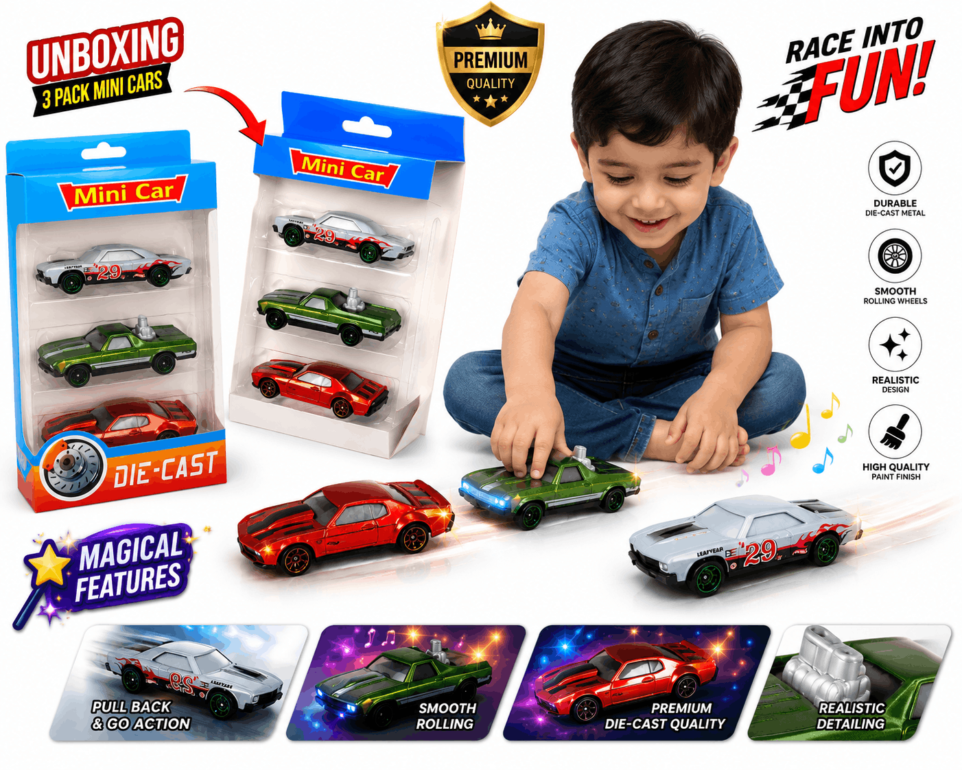 Mini Car Die-Cast 3-Piece Toy Vehicle Set – Assorted Racing Cars and Pickup Truck Gift Pack for Kids