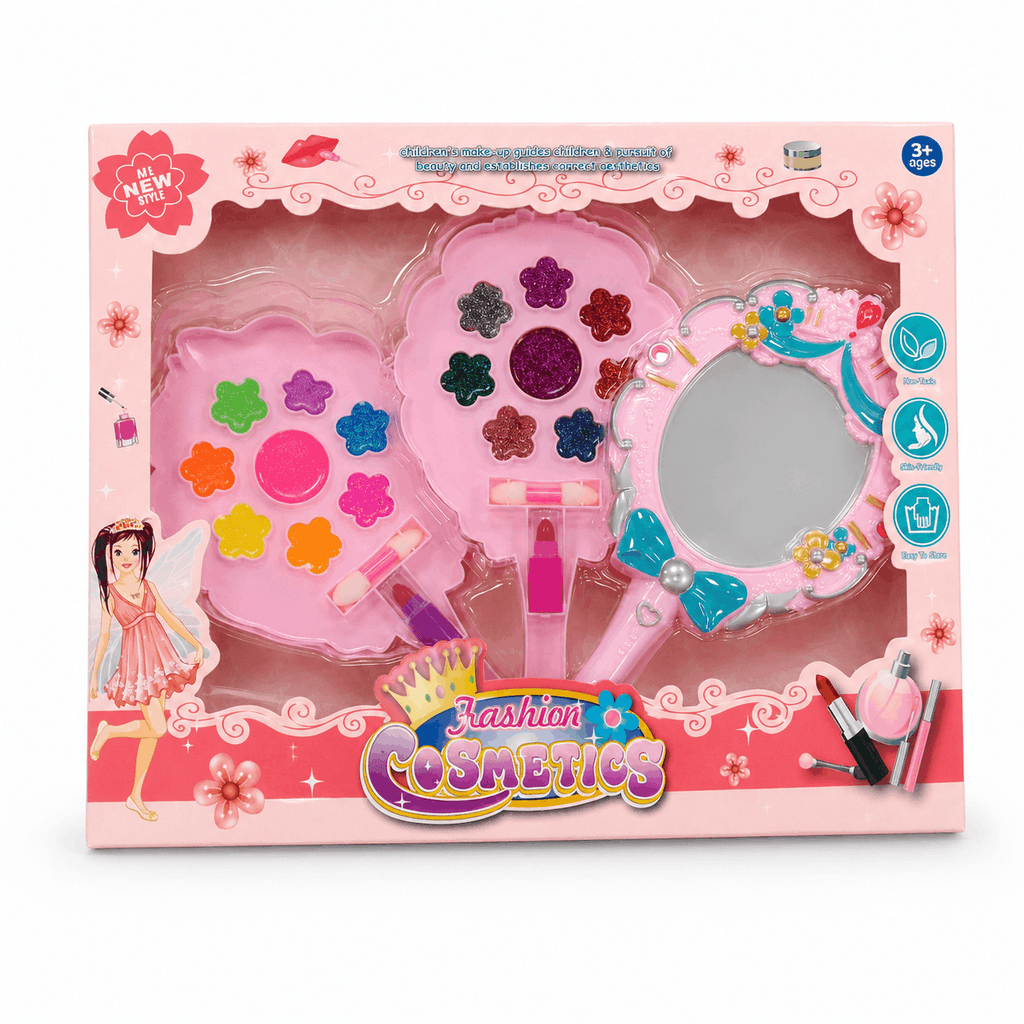 Fashion Cosmetics Flower Makeup Set – Kids Pretend Beauty Kit with Fold-Out Palettes and Handheld Mirror (3+ Years)