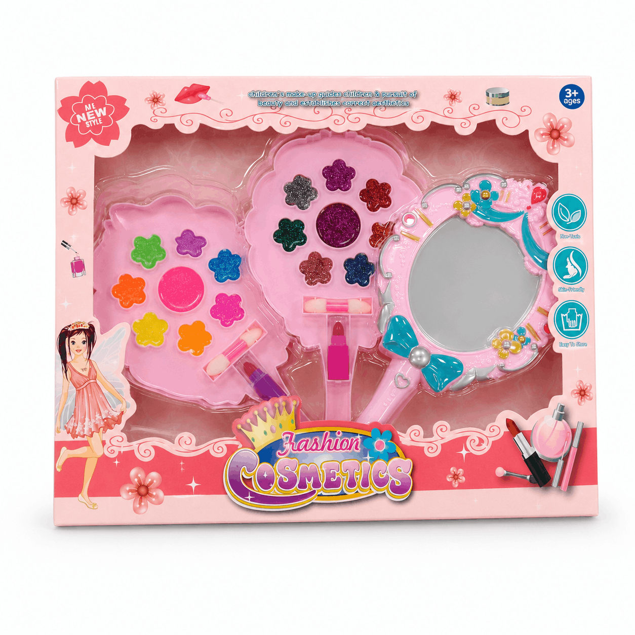 Fashion Cosmetics Flower Makeup Set – Kids Pretend Beauty Kit with Fold-Out Palettes and Handheld Mirror (3+ Years)