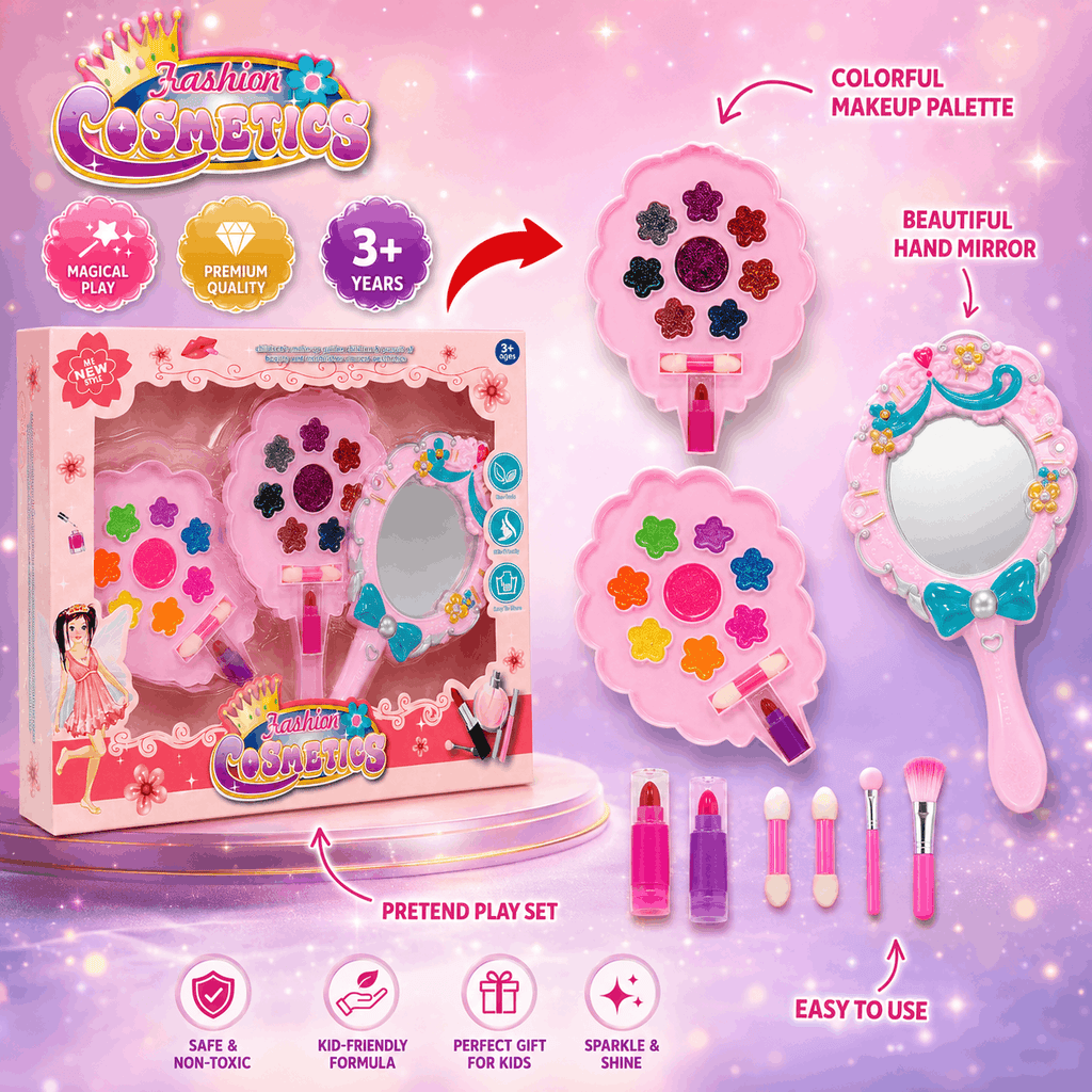 Fashion Cosmetics Flower Makeup Set – Kids Pretend Beauty Kit with Fold-Out Palettes and Handheld Mirror (3+ Years)