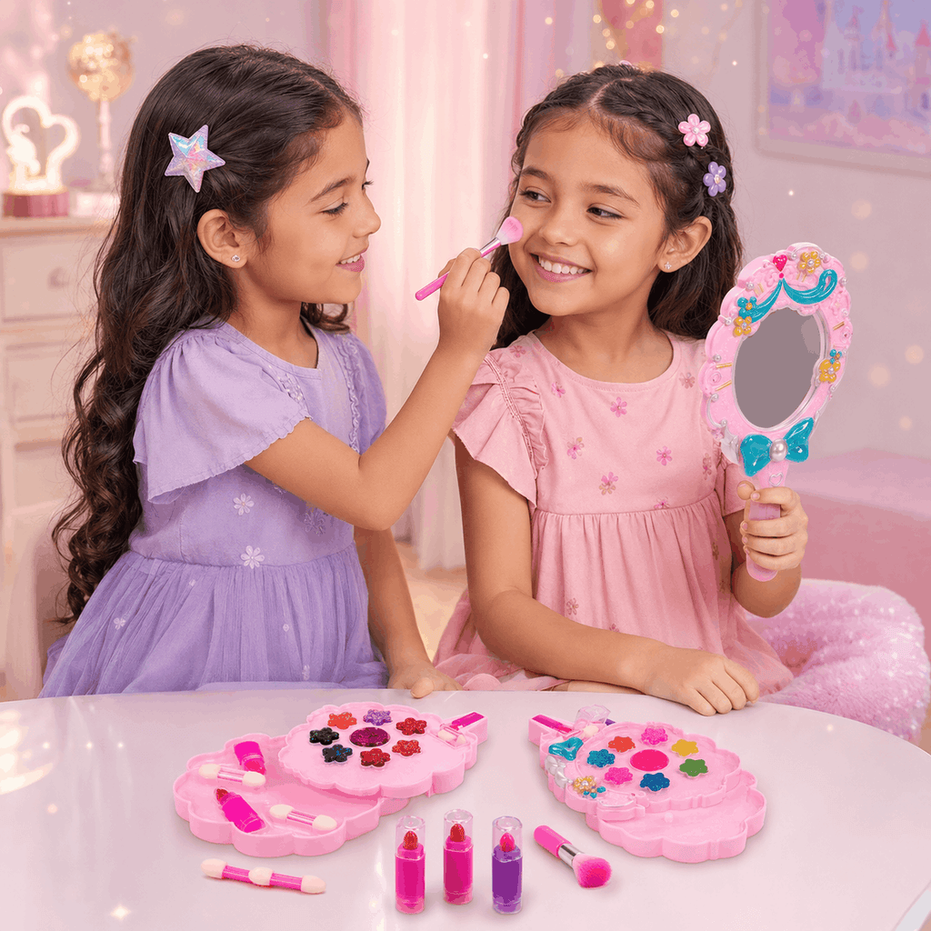 Fashion Cosmetics Flower Makeup Set – Kids Pretend Beauty Kit with Fold-Out Palettes and Handheld Mirror (3+ Years)