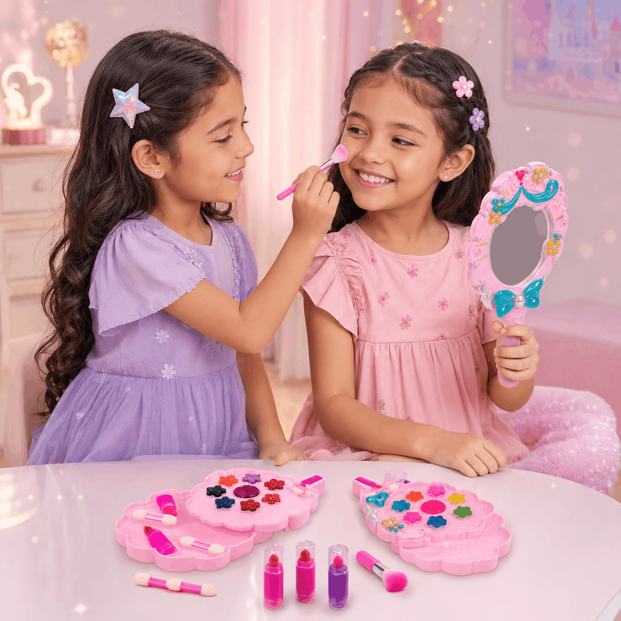 Fashion Cosmetics Flower Makeup Set – Kids Pretend Beauty Kit with Fold-Out Palettes and Handheld Mirror (3+ Years)