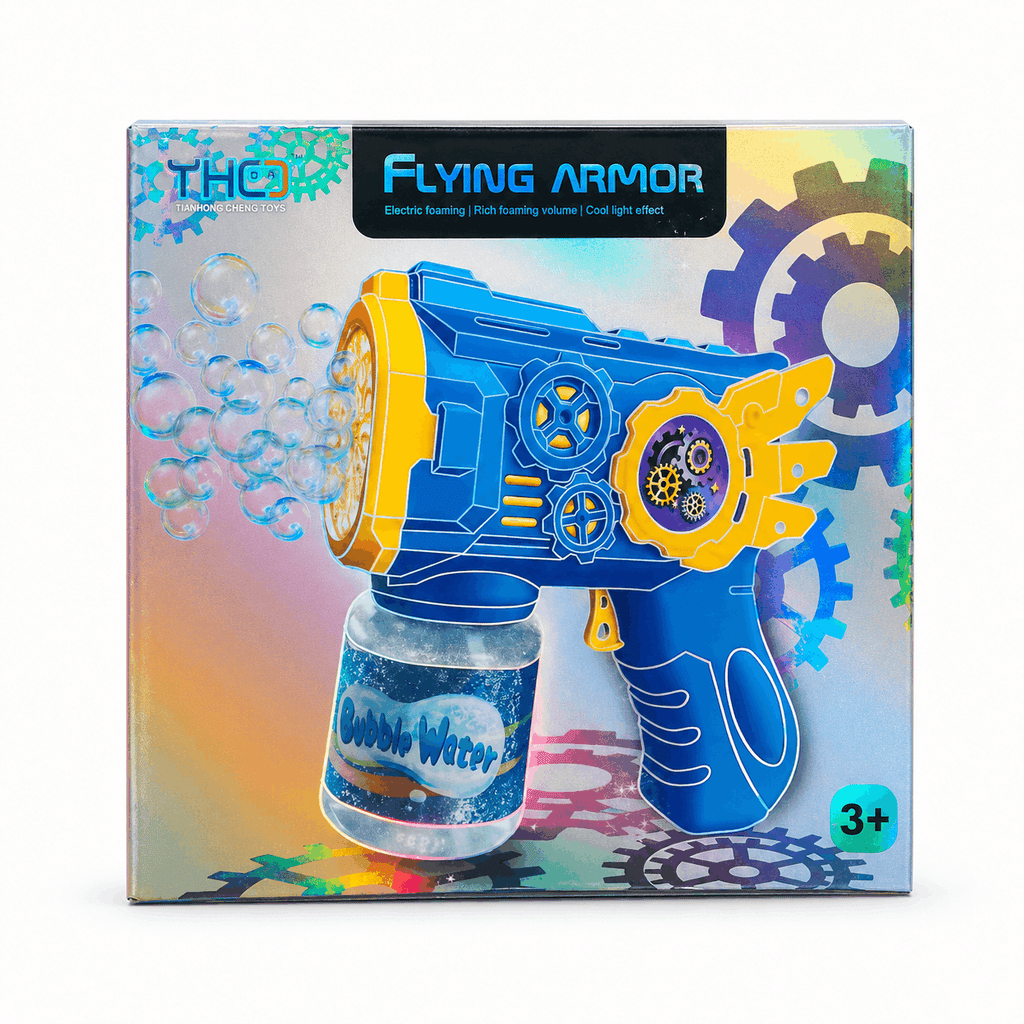 Flying Armor Electric Bubble Gun – Automatic Foaming Bubble Blaster Toy with Rich Foaming Volume and Cool Light Effects (3+ Years)