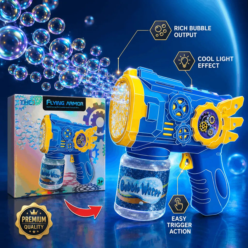 Flying Armor Electric Bubble Gun – Automatic Foaming Bubble Blaster Toy with Rich Foaming Volume and Cool Light Effects (3+ Years)