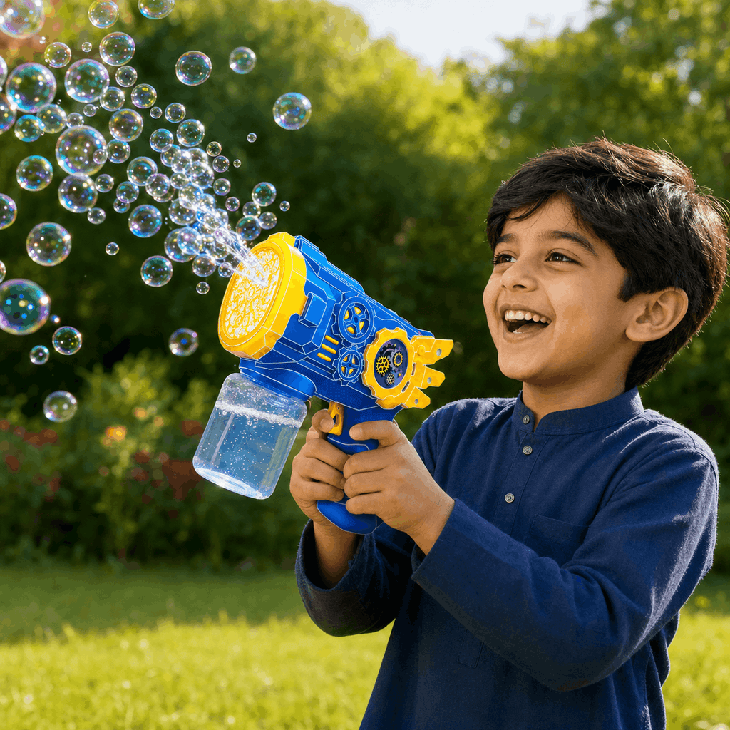 Flying Armor Electric Bubble Gun – Automatic Foaming Bubble Blaster Toy with Rich Foaming Volume and Cool Light Effects (3+ Years)