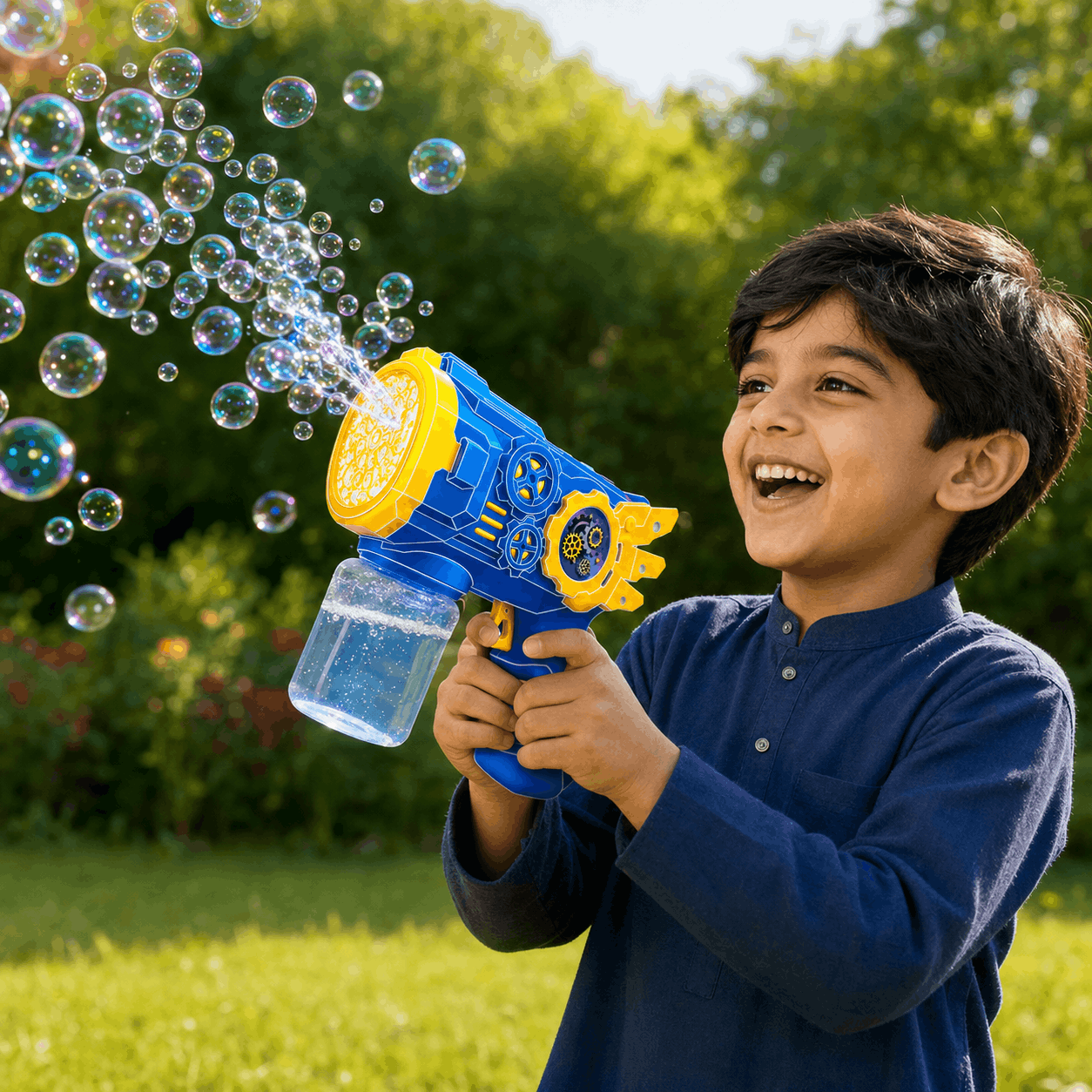 Flying Armor Electric Bubble Gun – Automatic Foaming Bubble Blaster Toy with Rich Foaming Volume and Cool Light Effects (3+ Years)