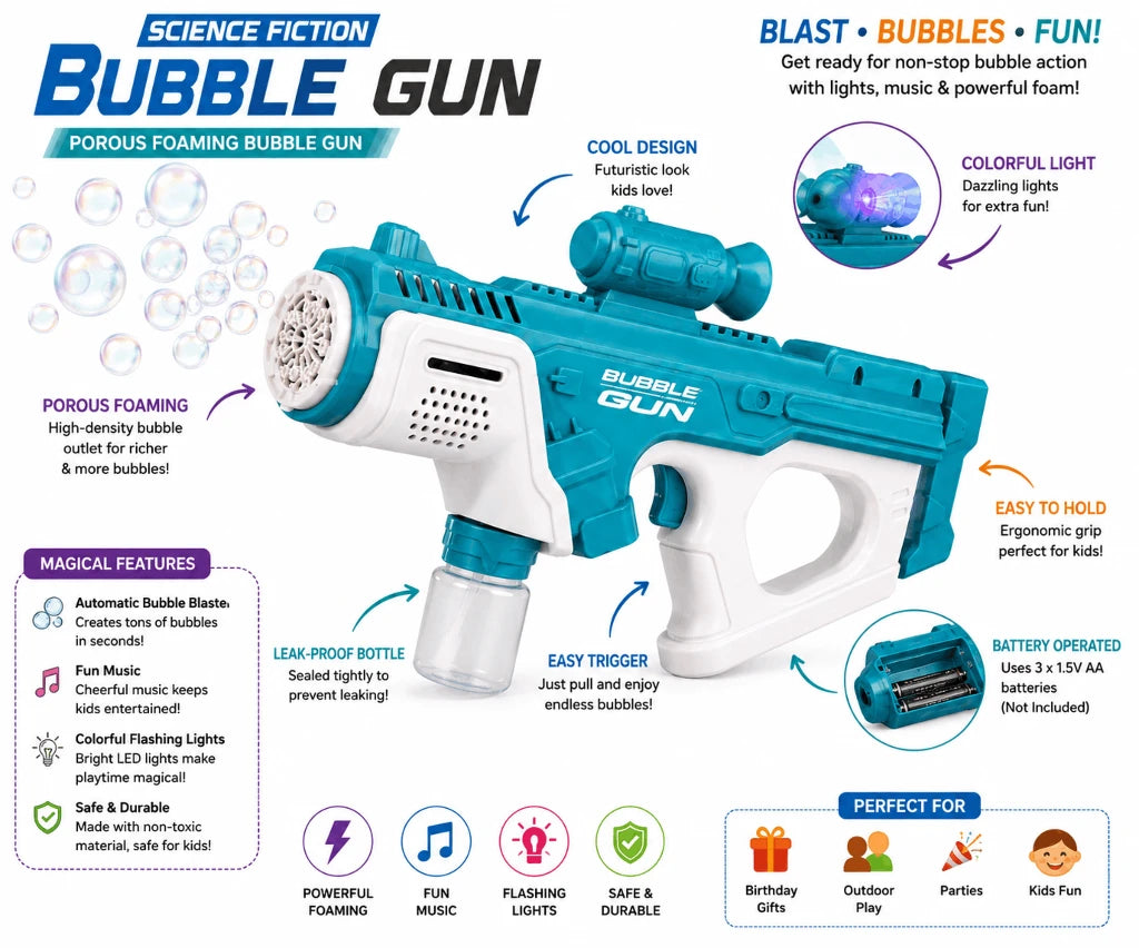 Science Fiction Bubble Gun – Porous Foaming Automatic Bubble Blaster with Music and Colorful LED Lights