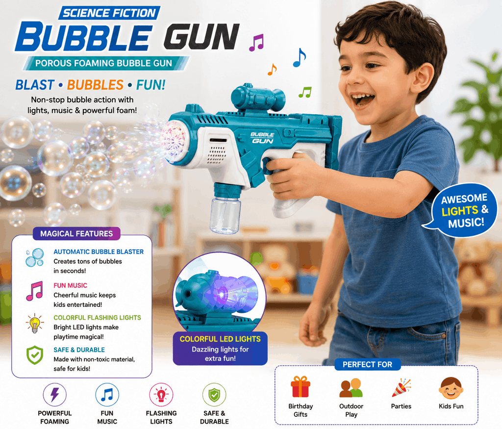 Science Fiction Bubble Gun – Porous Foaming Automatic Bubble Blaster with Music and Colorful LED Lights