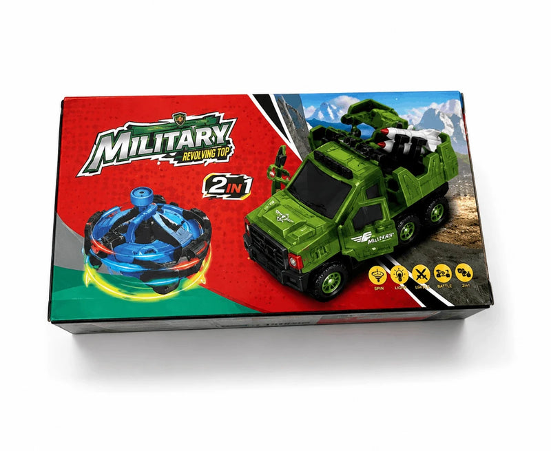 Military Revolving Top 2-in-1 Truck & Spinning Top Toy – Transforming Battle Vehicle with Lights & Action Play