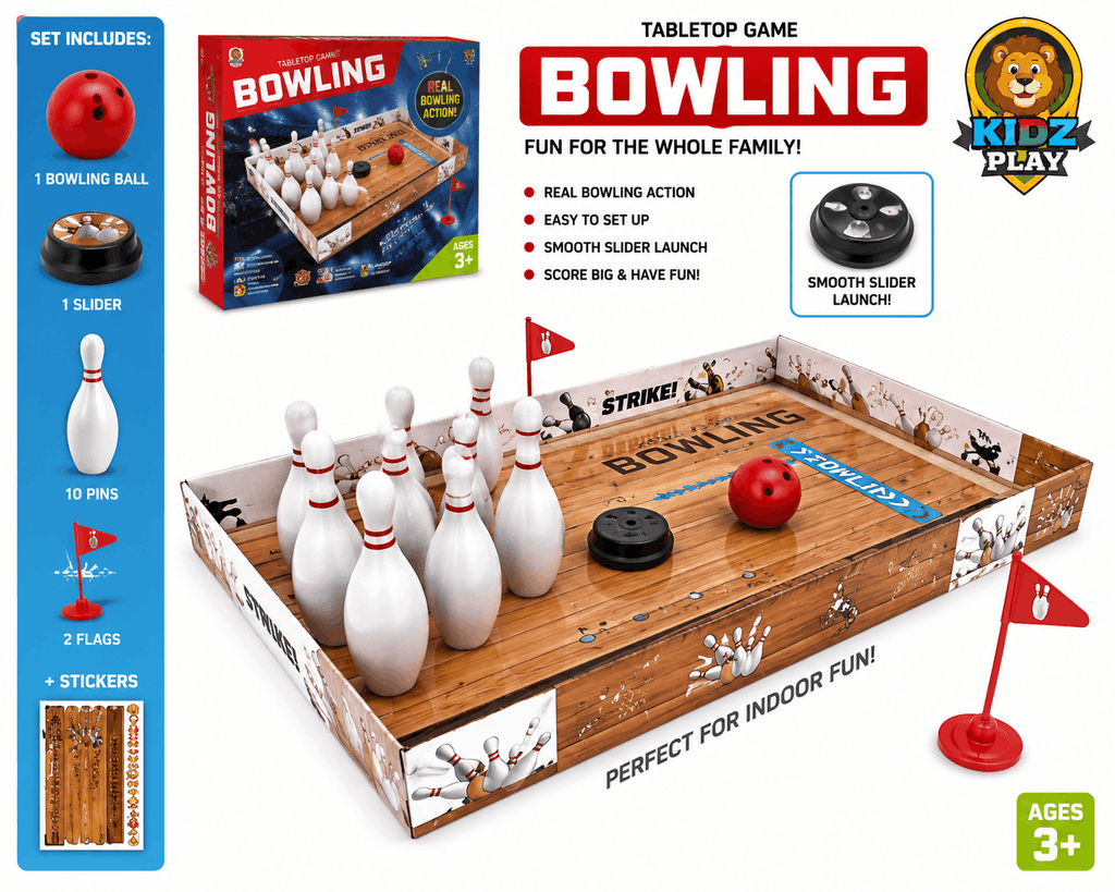 Kidz Play Tabletop Bowling Game – Mini Indoor Bowling Alley Set with Slider Launch, 10 Pins, and Real Bowling Action for Family Fun (Ages 3+)