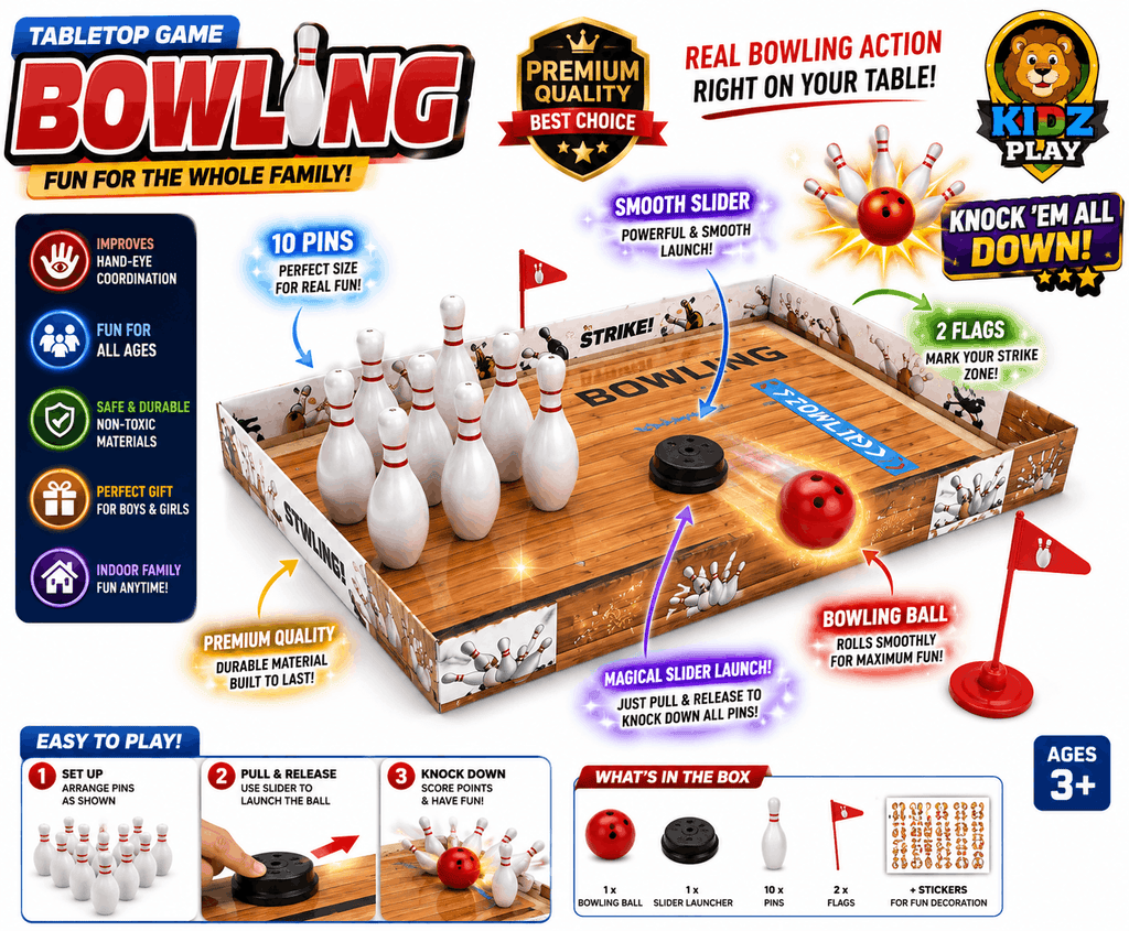 Kidz Play Tabletop Bowling Game – Mini Indoor Bowling Alley Set with Slider Launch, 10 Pins, and Real Bowling Action for Family Fun (Ages 3+)