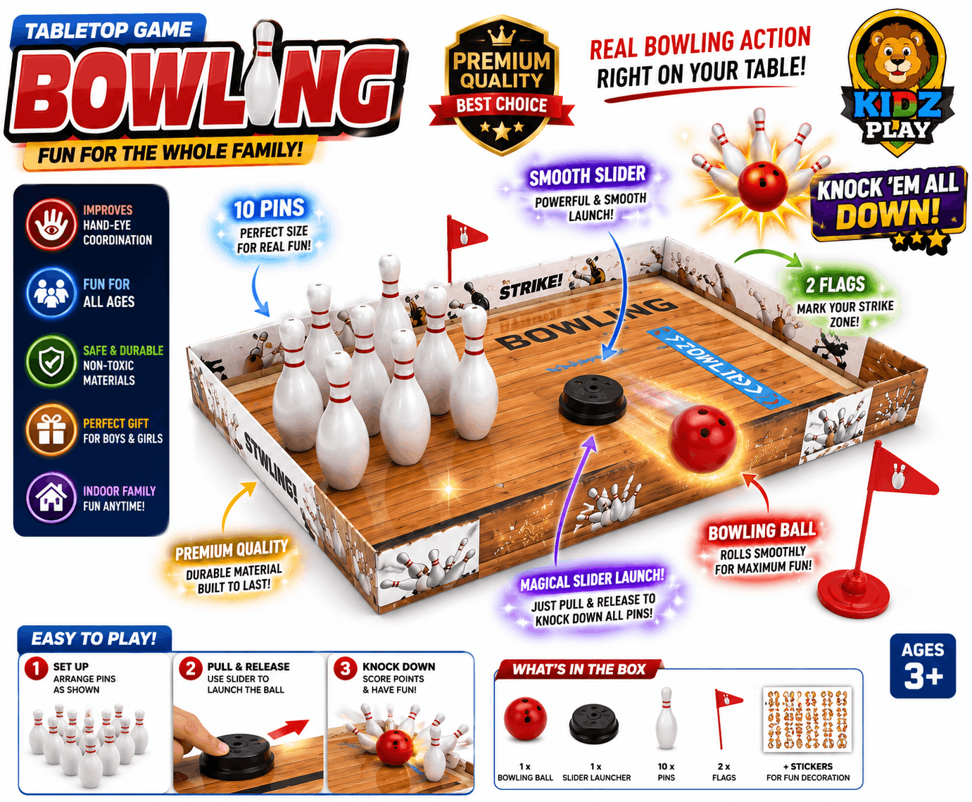 Kidz Play Tabletop Bowling Game – Mini Indoor Bowling Alley Set with Slider Launch, 10 Pins, and Real Bowling Action for Family Fun (Ages 3+)