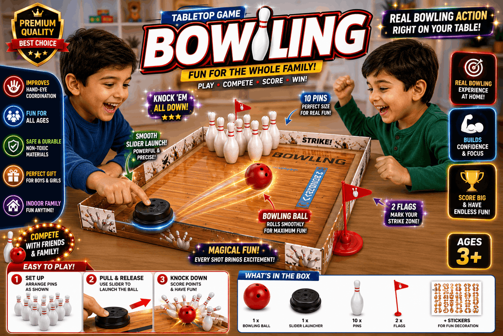 Kidz Play Tabletop Bowling Game – Mini Indoor Bowling Alley Set with Slider Launch, 10 Pins, and Real Bowling Action for Family Fun (Ages 3+)