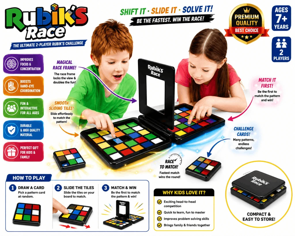 Rubik's Race Board Game – The Ultimate 2-Player Fast-Paced Sliding Puzzle & Matching Strategy Game for Kids and Families