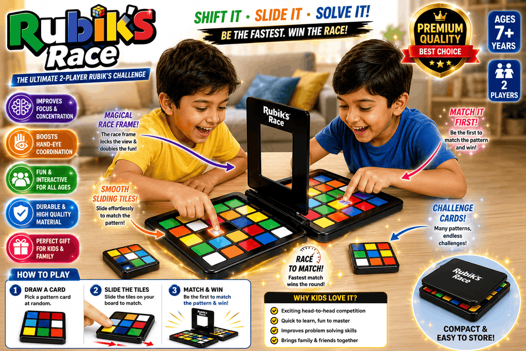 Rubik's Race Board Game – The Ultimate 2-Player Fast-Paced Sliding Puzzle & Matching Strategy Game for Kids and Families