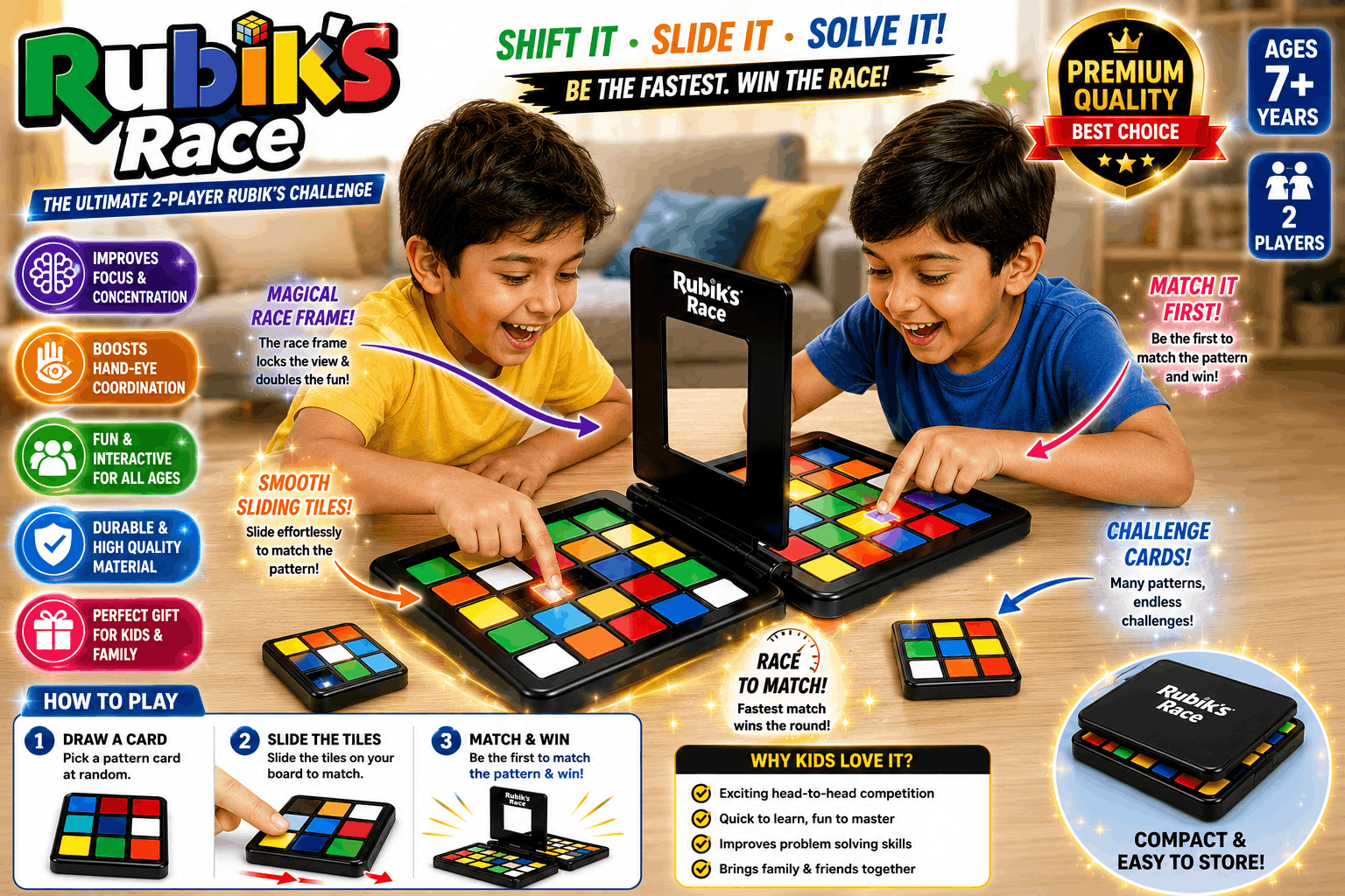Rubik's Race Board Game – The Ultimate 2-Player Fast-Paced Sliding Puzzle & Matching Strategy Game for Kids and Families