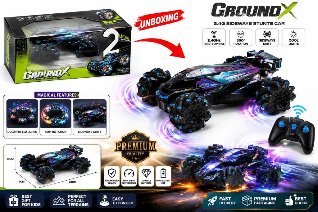 Ground X 2.4G Sideways Stunts RC Car – Lateral Remote Control High-Speed Racing Car with 360° Spin and Colorful UV Technology