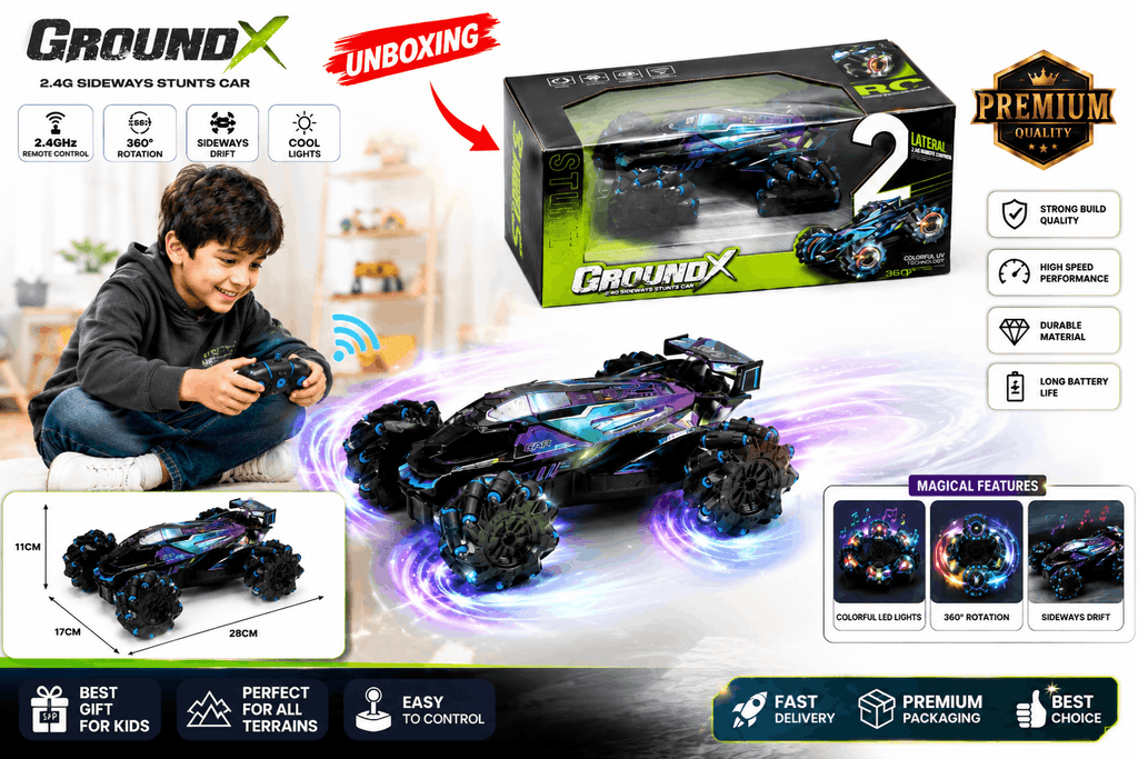 Ground X 2.4G Sideways Stunts RC Car – Lateral Remote Control High-Speed Racing Car with 360° Spin and Colorful UV Technology