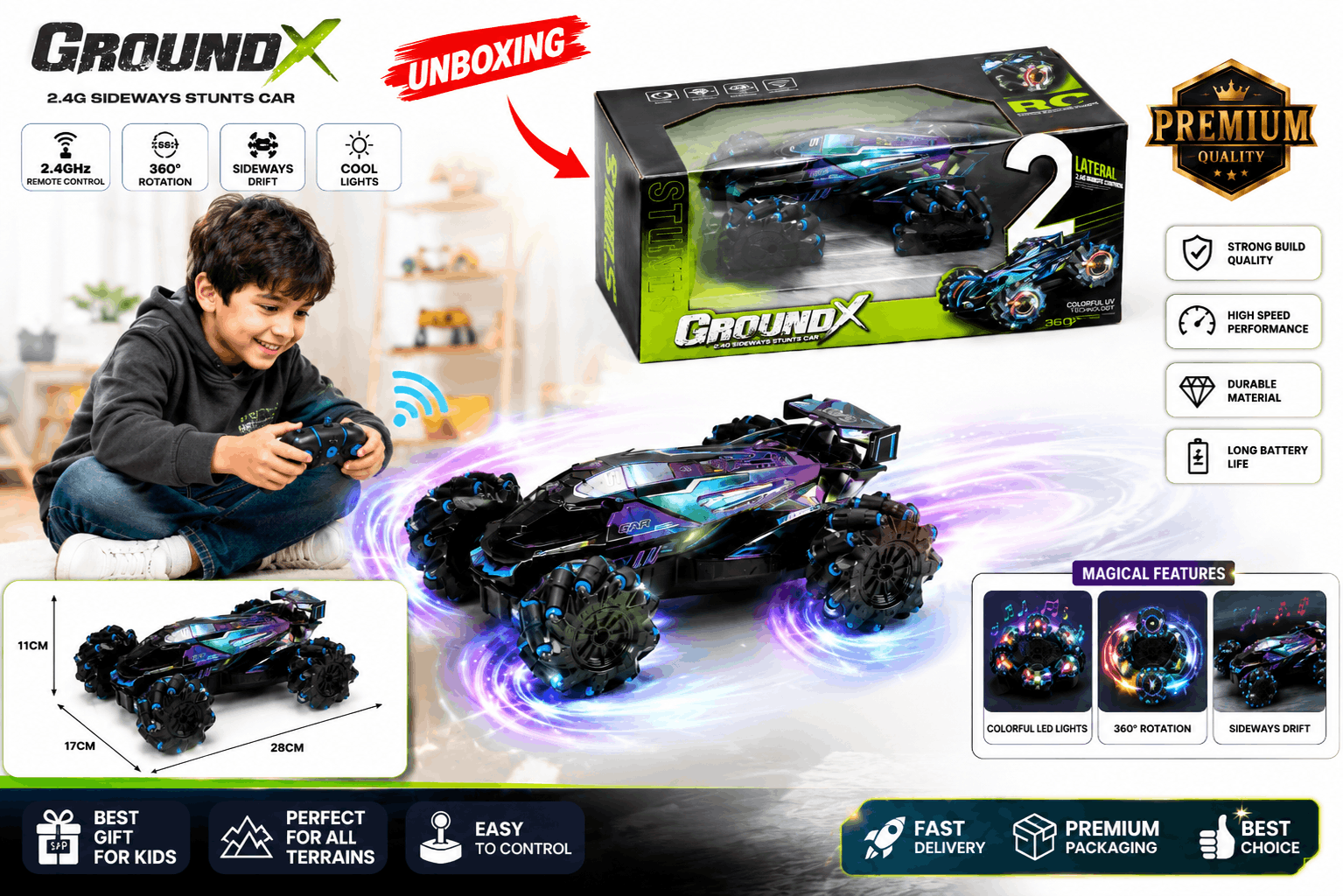 Ground X 2.4G Sideways Stunts RC Car – Lateral Remote Control High-Speed Racing Car with 360° Spin and Colorful UV Technology