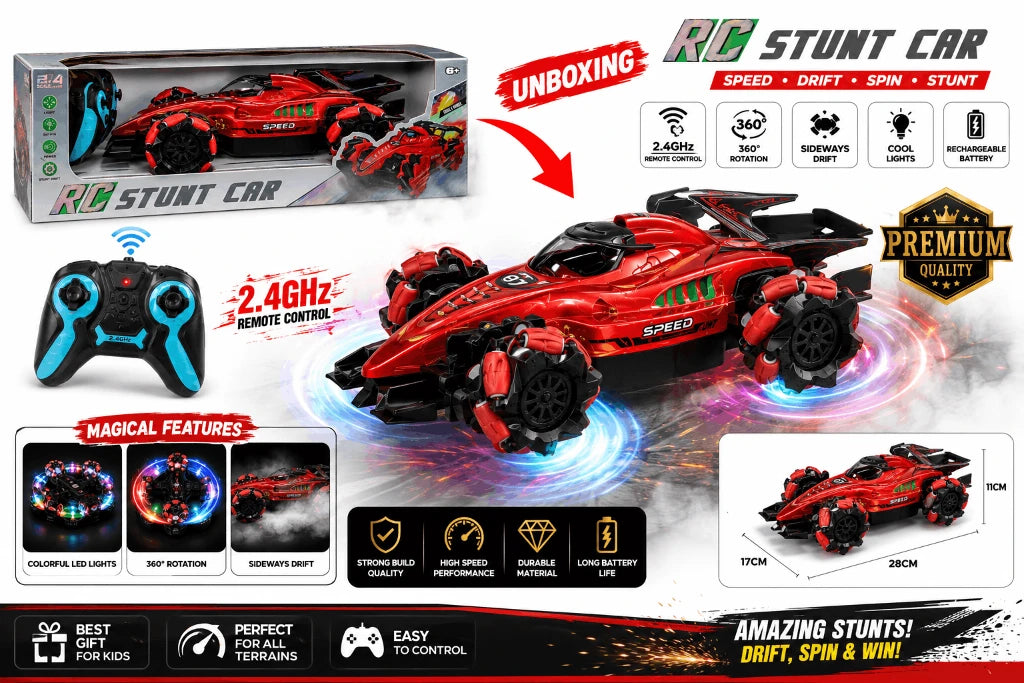 RC Stunt Drift Car – 1:14 Scale 2.4GHz High-Speed Remote Control Transforming Racing Car with 360° Spin and Lights