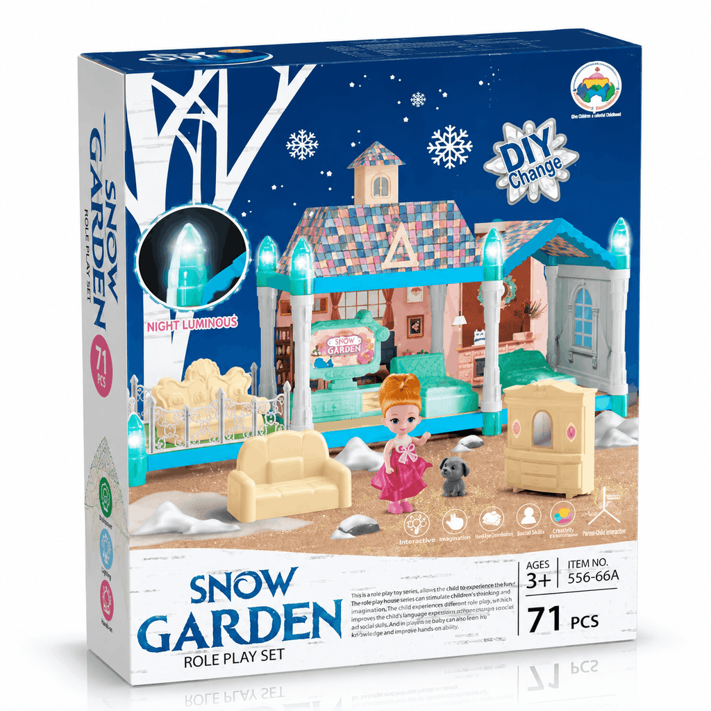 Snow Garden Role Play Set – 71-Piece DIY Dollhouse Building Toy with Night Luminous Lights and Mini Doll for Kids (3+ Years)