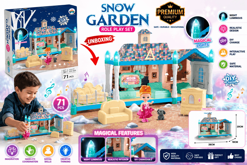 Snow Garden Role Play Set – 71-Piece DIY Dollhouse Building Toy with Night Luminous Lights and Mini Doll for Kids (3+ Years)