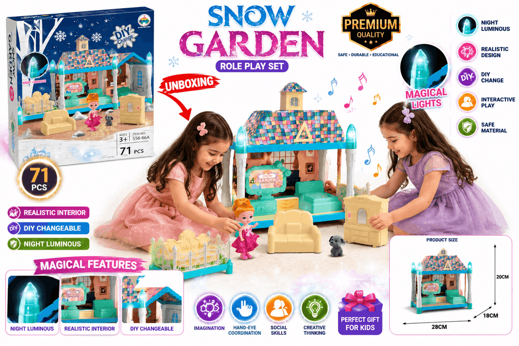 Snow Garden Role Play Set – 71-Piece DIY Dollhouse Building Toy with Night Luminous Lights and Mini Doll for Kids (3+ Years)