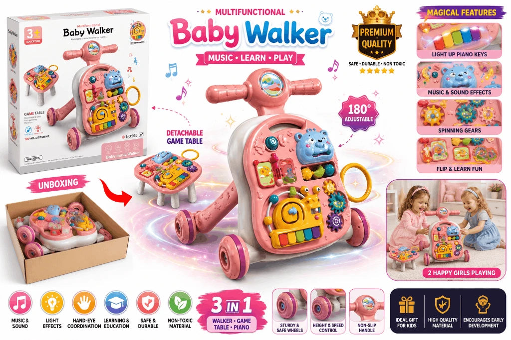 Multifunctional Baby Walker & Activity Game Table – 2-in-1 Sit-to-Stand Musical Walker with Piano Keys and Storage for Toddlers