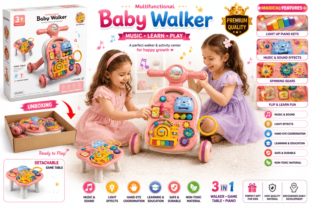 Multifunctional Baby Walker & Activity Game Table – 2-in-1 Sit-to-Stand Musical Walker with Piano Keys and Storage for Toddlers