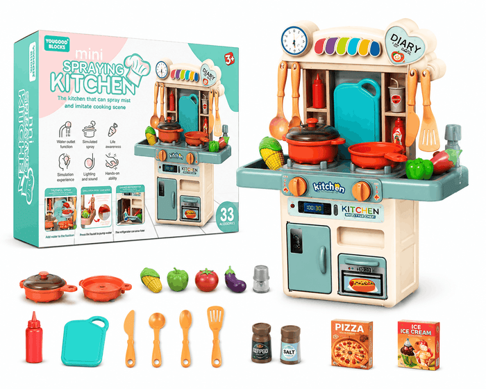 Yougood Blocks Mini Spraying Kitchen – 33-Piece Interactive Pretend Play Kitchen Playset with Water Outlet, Simulated Spray, Lights, and Sound Effects for Kids (3+ Years)
