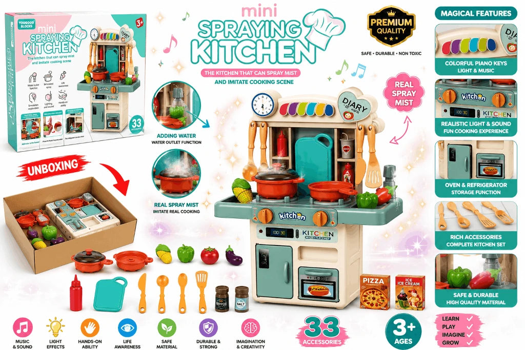 Yougood Blocks Mini Spraying Kitchen – 33-Piece Interactive Pretend Play Kitchen Playset with Water Outlet, Simulated Spray, Lights, and Sound Effects for Kids (3+ Years)