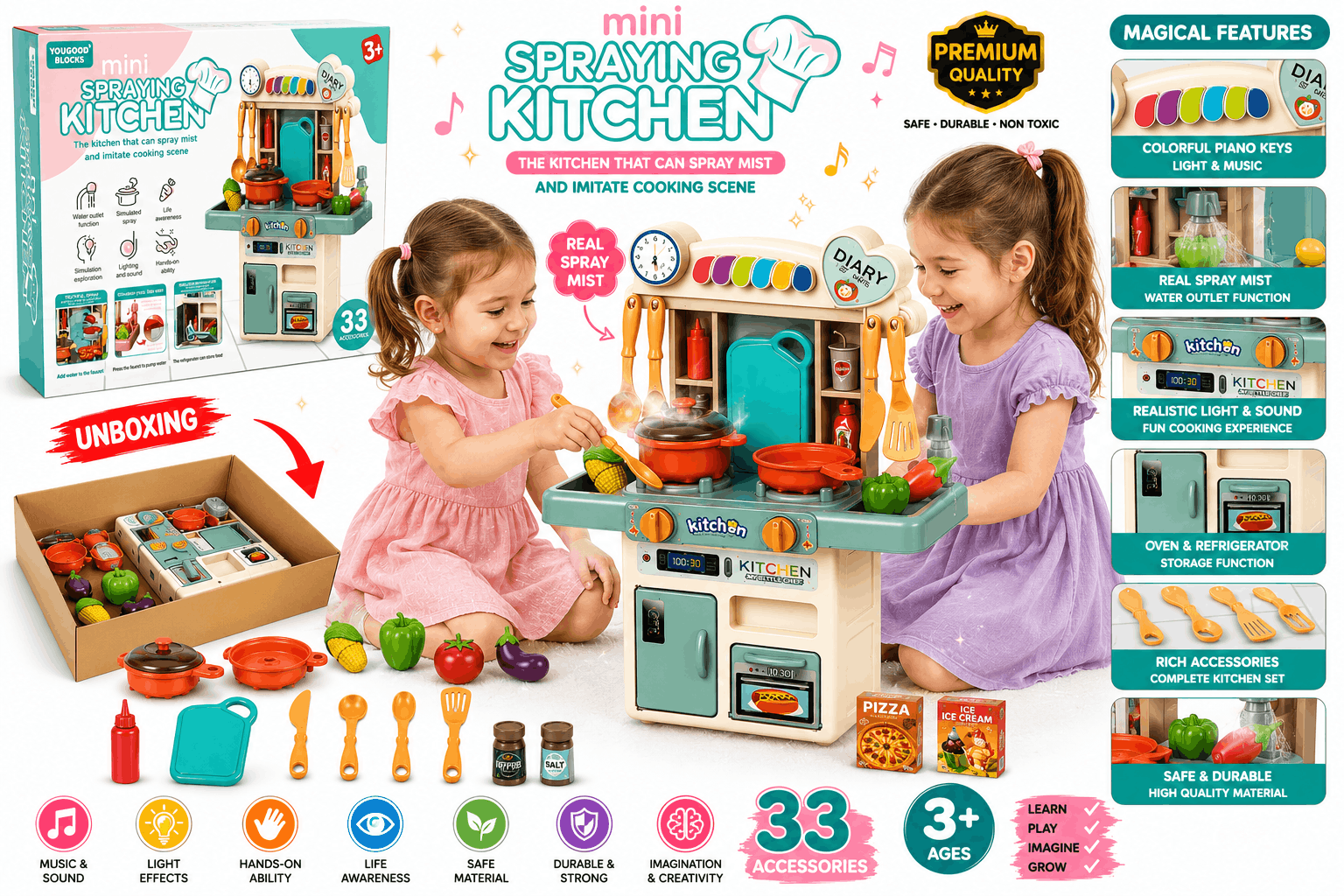 Yougood Blocks Mini Spraying Kitchen – 33-Piece Interactive Pretend Play Kitchen Playset with Water Outlet, Simulated Spray, Lights, and Sound Effects for Kids (3+ Years)