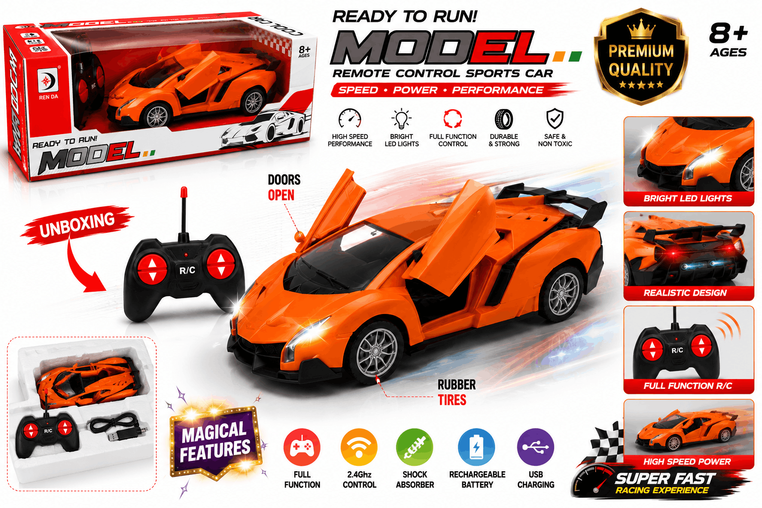 Ren Da Cool Car Model – Orange Radio Control Super Sports Car with Openable Scissor Doors and Remote Controller (8+ Years)