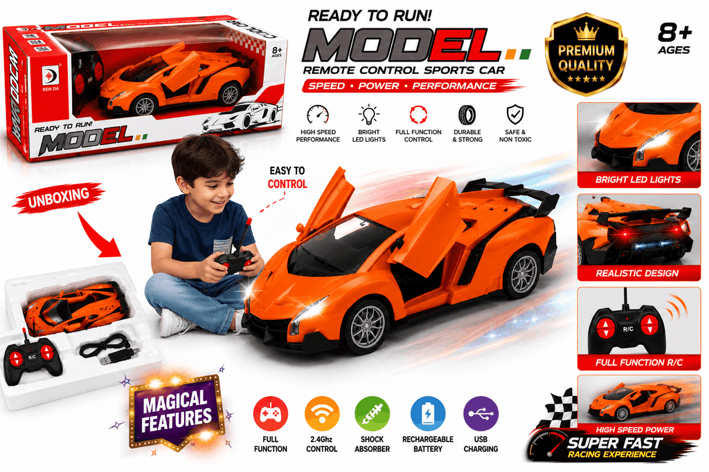 Ren Da Cool Car Model – Orange Radio Control Super Sports Car with Openable Scissor Doors and Remote Controller (8+ Years)