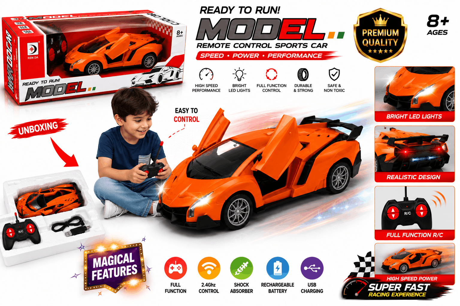 Ren Da Cool Car Model – Orange Radio Control Super Sports Car with Openable Scissor Doors and Remote Controller (8+ Years)