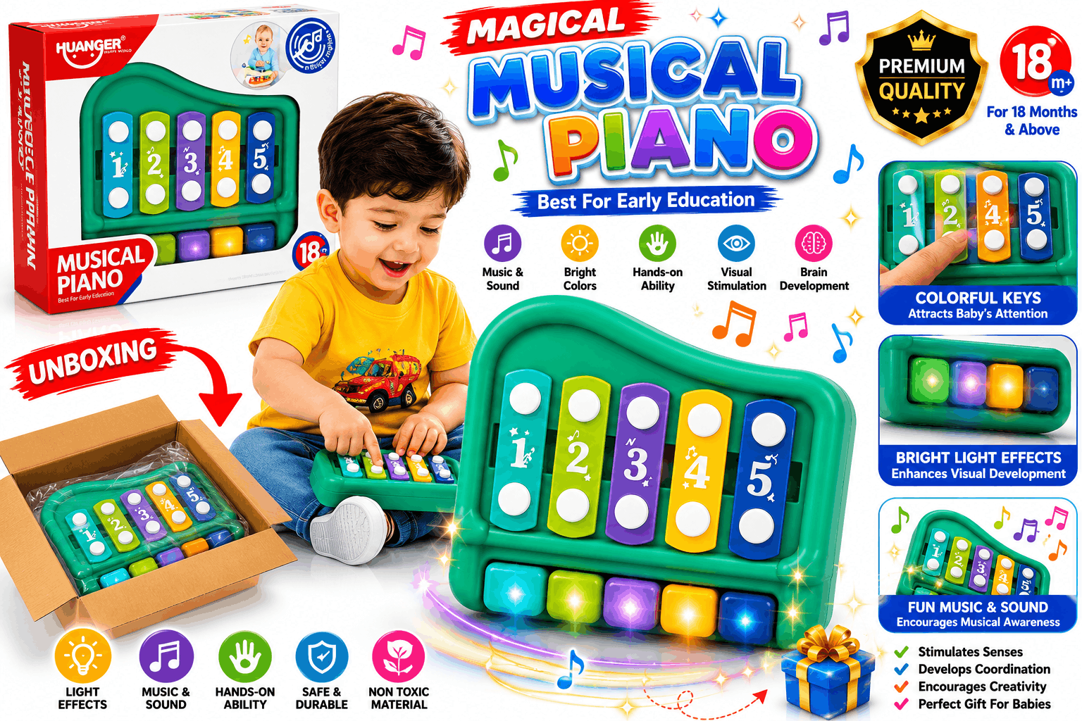 Huanger Musical Piano – Early Education Educational Xylophone & Piano Toy with Numbers and Colors for Toddlers (18+ Months)