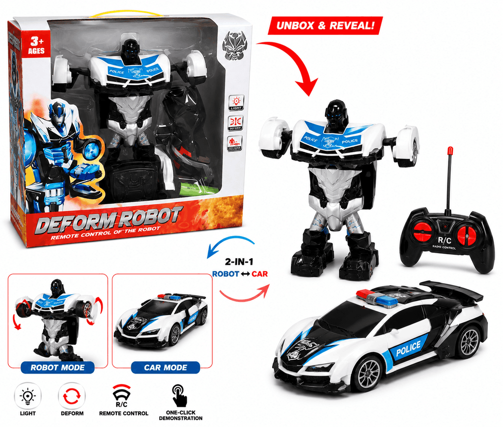 Deform Robot Remote Control Police Car Toy – 2-in-1 Transforming RC Robot with Lights and One-Click Demonstration for Kids (3+ Years)