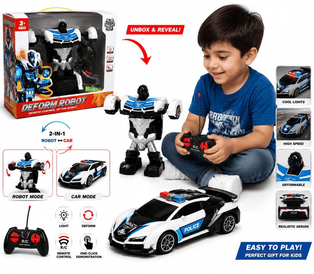 Deform Robot Remote Control Police Car Toy – 2-in-1 Transforming RC Robot with Lights and One-Click Demonstration for Kids (3+ Years)