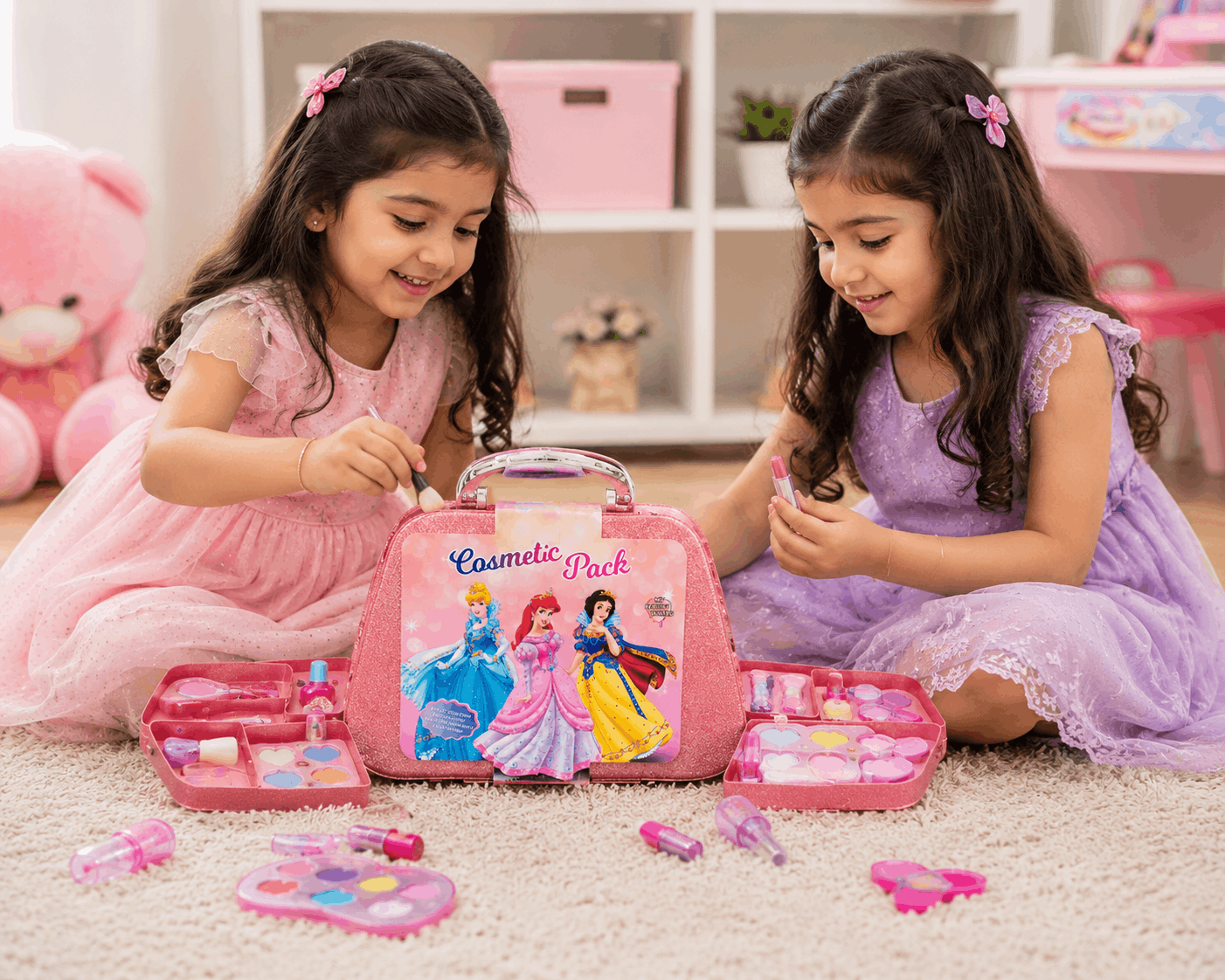 Cosmetic Pack Princess Vanity Case – Kids Glitter Makeup and Beauty Play Set in Portable Storage Vanity Box
