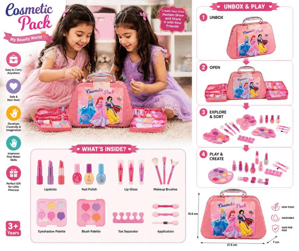Cosmetic Pack Princess Vanity Case – Kids Glitter Makeup and Beauty Play Set in Portable Storage Vanity Box