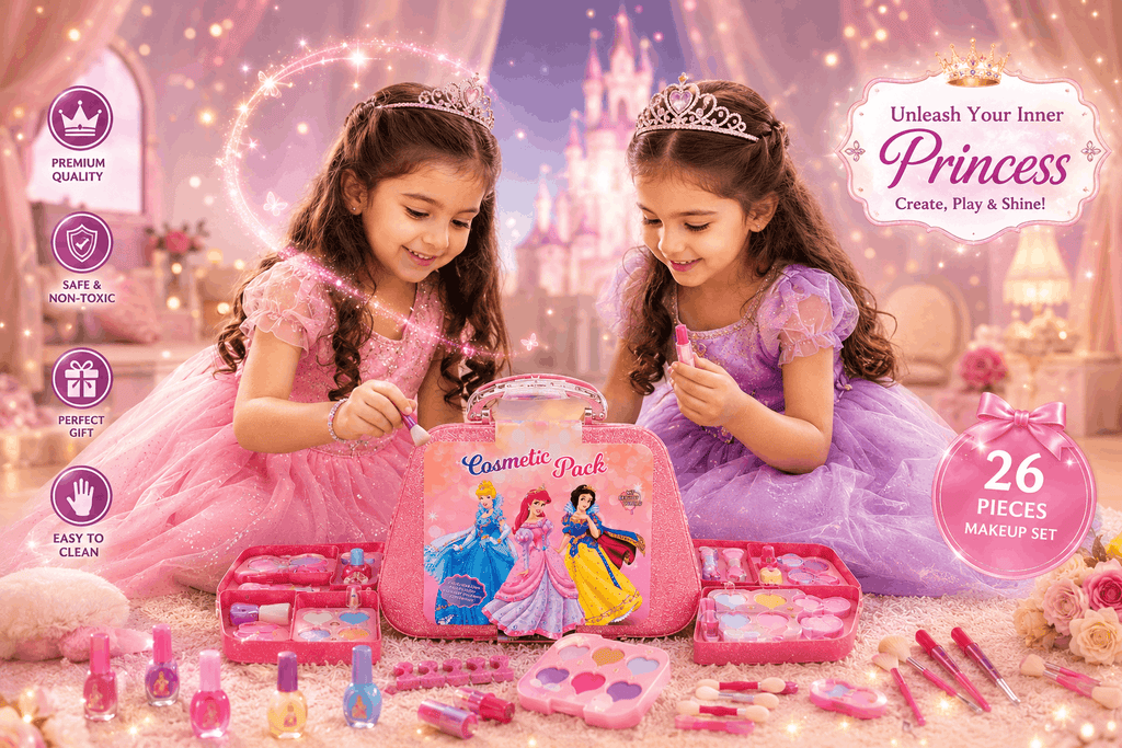 Cosmetic Pack Princess Vanity Case – Kids Glitter Makeup and Beauty Play Set in Portable Storage Vanity Box