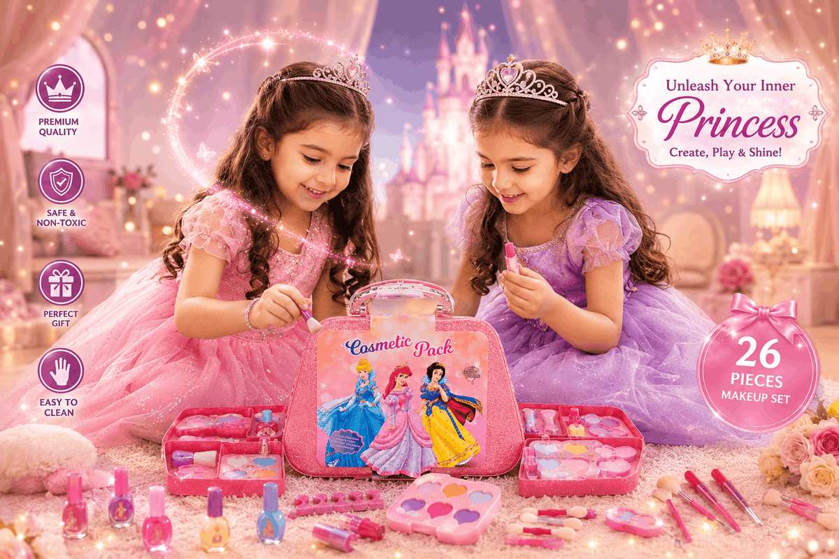 Cosmetic Pack Princess Vanity Case – Kids Glitter Makeup and Beauty Play Set in Portable Storage Vanity Box