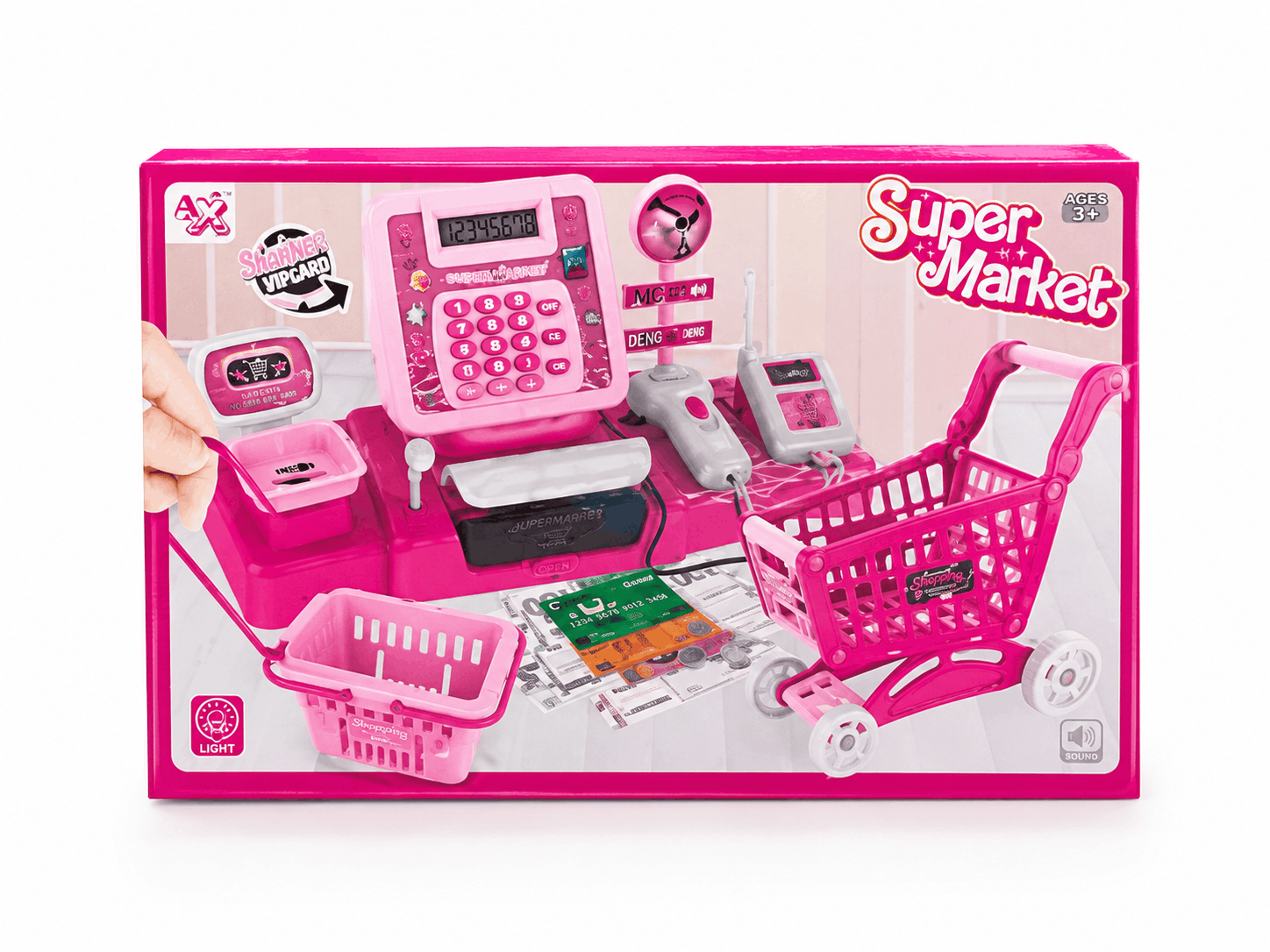 Super Market Cash Register Play Set – Kids Electronic Checkout Counter with Shopping Cart, Basket, Scanner, and Play Money (3+ Years)